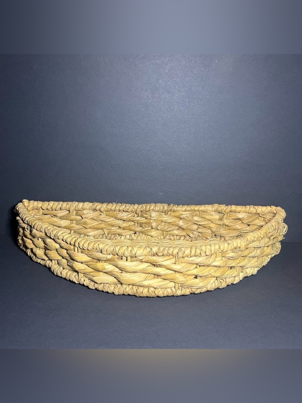 VTG Boho Tan Woven Wicker Decorative Scalloped Half Moon Storage Basket 18.5"